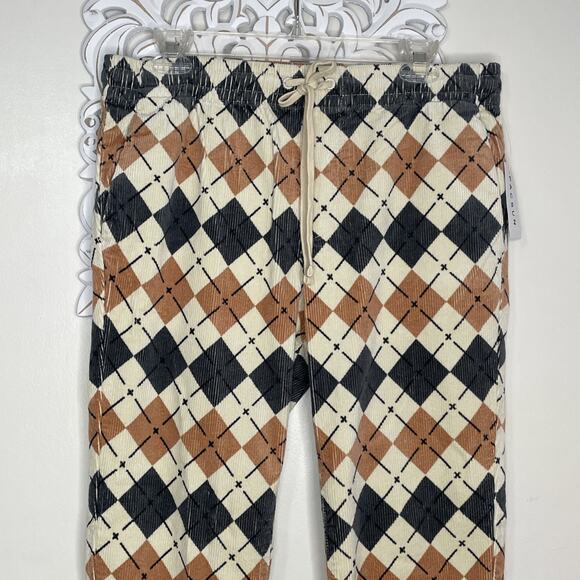 PACSUN size Slim MEDIUM Argyle Pattern Corduroy PANTS Elastic Waist TAN GRAY - Picture 3 of 16
